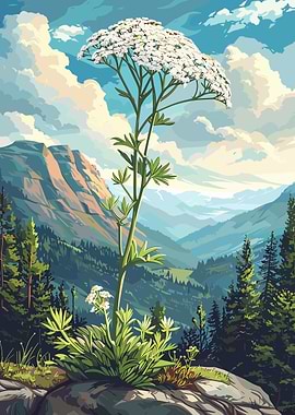 Mountain Landscape with White Flower