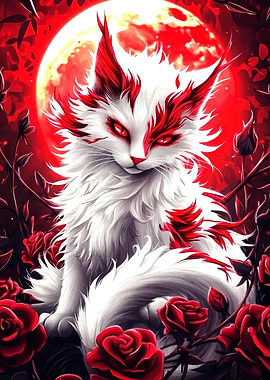 Red and White Cat with Roses