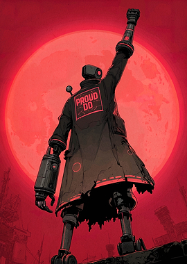 Proud Robot Silhouette Against Red Moon