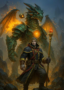 Wizard and Armored Dragon Fantasy Art