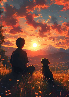 Boy and Dog Watching Sunset