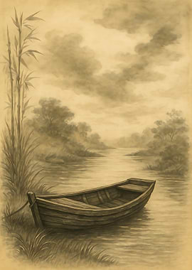 Sepia Boat on Riverbank Painting