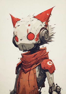 Robotic Cat Character with Red Hoodie
