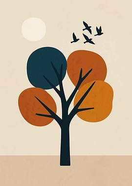 Abstract Tree with Birds and Sun