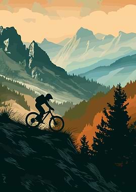 Mountain Biker Silhouette Landscape Illustration