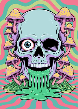 Skull with Mushrooms Trippy Art