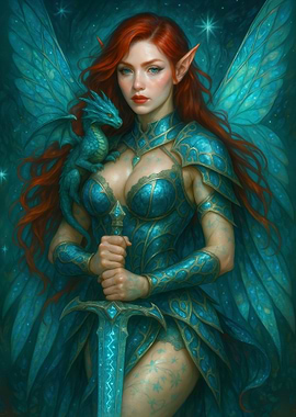 Fantasy Warrior Elf and Baby Dragon