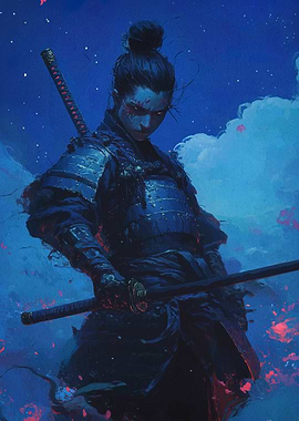 Female Samurai Warrior in Blue Armor