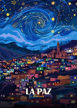 La Paz, Bolivia, Starry Night Illustration