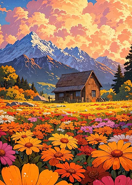 Cabin field flowers landscape