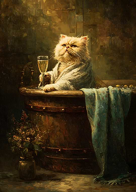 Cat in Tub with Champagne