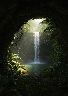 Lush Waterfall in Tropical Cave