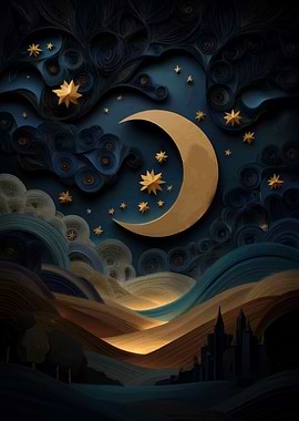 Golden Moon and Starry Night Landscape