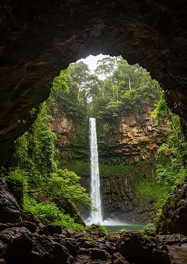 Waterfall view from cave entrance