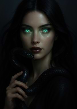 Mysterious Woman with Emerald Eyes and Obsidian Snake Portrait