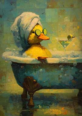 Duck in Bathtub with Cocktail Painting