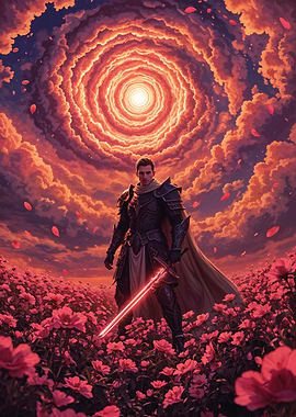 Knight in Flower Field with Sword