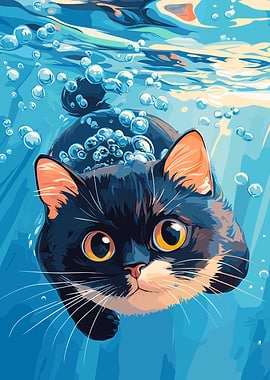 Underwater Cat Illustration