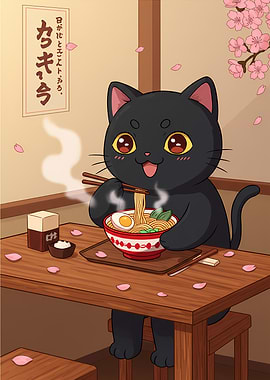 Black Cat with Ramen Bowl