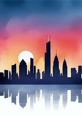 Cityscape Silhouette at Sunset Reflection