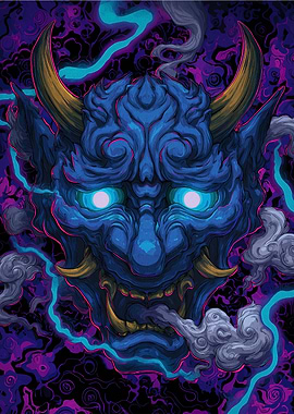 Blue Oni Mask with Smoke