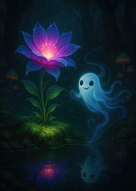 Enchanted Amethyst Flower and Ethereal Spirit in Moonlit Forest