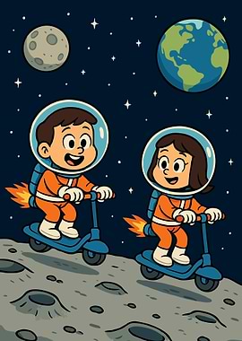 Astronaut Kids on Scooters in Space