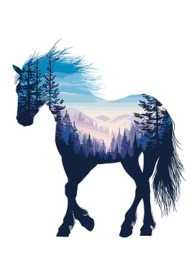 Horse Silhouette with Mountain Landscape