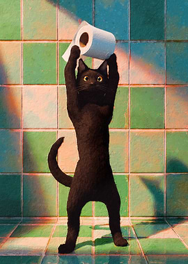 Black Cat with Toilet Paper