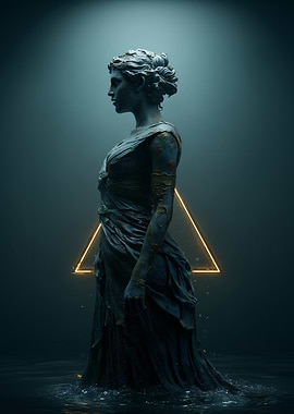 Statue in Water with Neon Triangle