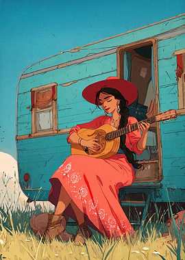 Woman playing guitar by vintage camper