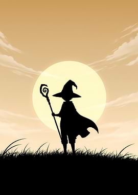 Minimalist Anime Mage Poster – Black Silhouette with Staff Under Golden Dawn Sky