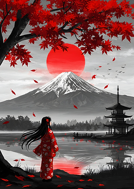 Japanese Landscape with Kimono Girl