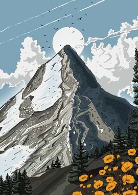 Mountain Peak Landscape with Floral Foreground