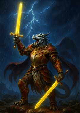 Dragon Warrior with Swords in Storm