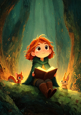 Girl Reading Book in Forest
