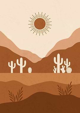 Minimalist Desert Landscape with Cacti and Sun