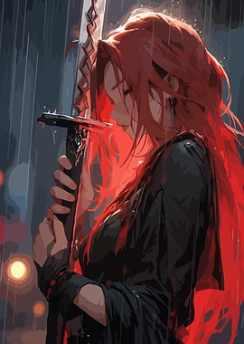 Red-haired woman with sword in rain