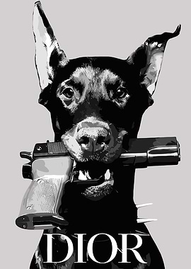 Doberman with Gun and Dior Logo
