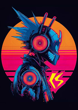 Cyberpunk Robot with Headphones Retro Style