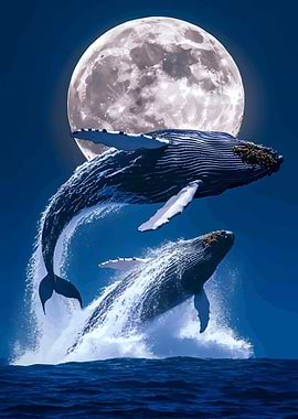 Whales breaching under the moonlight