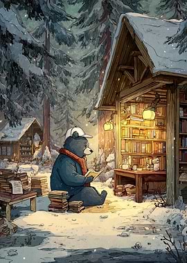 Bear Reading in Snowy Library