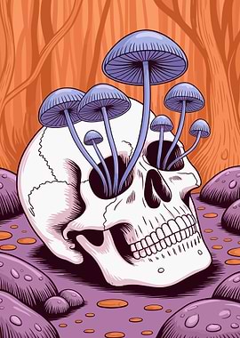 Skull with Mushrooms in Forest