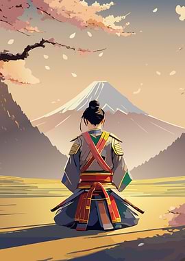 Samurai Contemplation under Cherry Blossoms