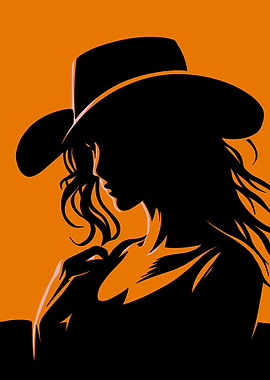 Cowgirl Silhouette on Orange Background