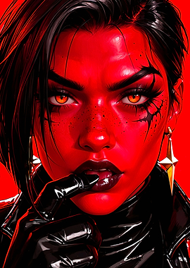 Red-skinned woman with black leather jacket