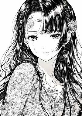 Anime Girl Portrait with Floral Details