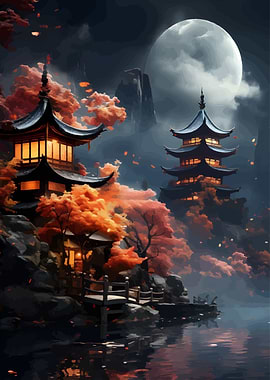 Japanese Pagodas Moonlight