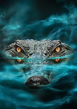 Crocodile in Water with Glowing Eyes