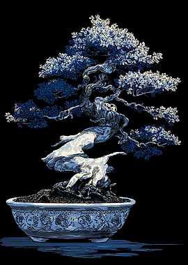 Blue and White Bonsai Illustration